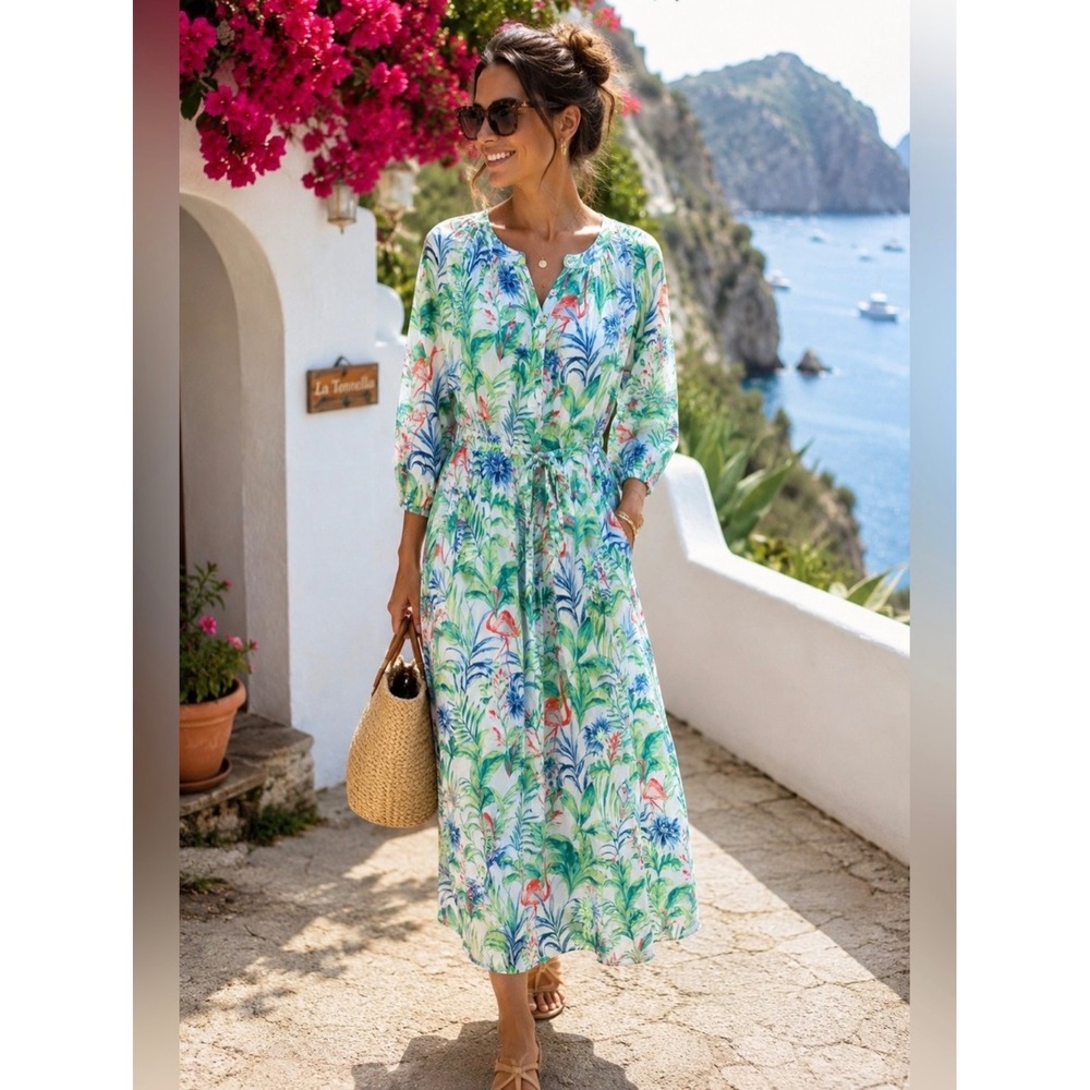 J.McLaughlin Daniella Dress Tropical Flamingo Palm Cotton Midi Tied Waist M NWT